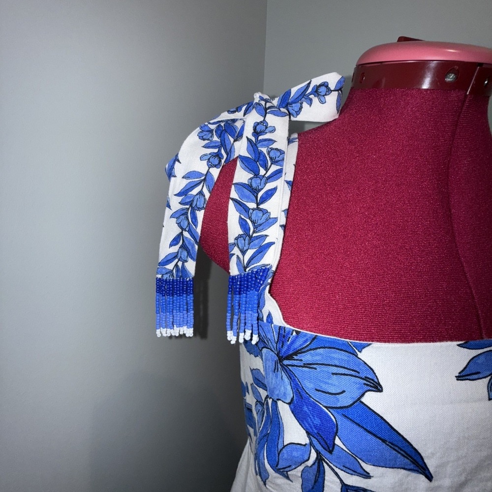 Calypso St Barth Blue White M Beaded Tie Straps Spring Wedding Guest Midi Dress - Picture 6 of 15